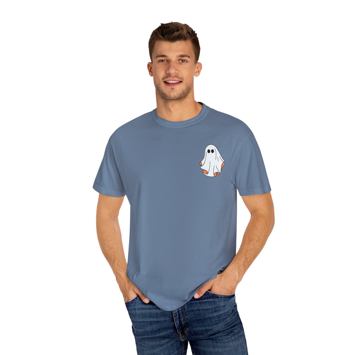 Minimal Ghost Halloween T-Shirt – Cute Pocket Graphic Tee for Spooky Season