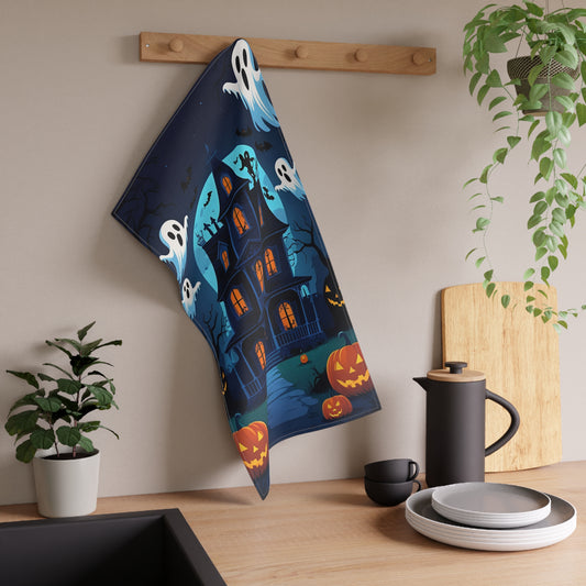 Victorian Haunted House Halloween Tea Towel – Spooky Jack-O’-Lantern and Ghosts Design