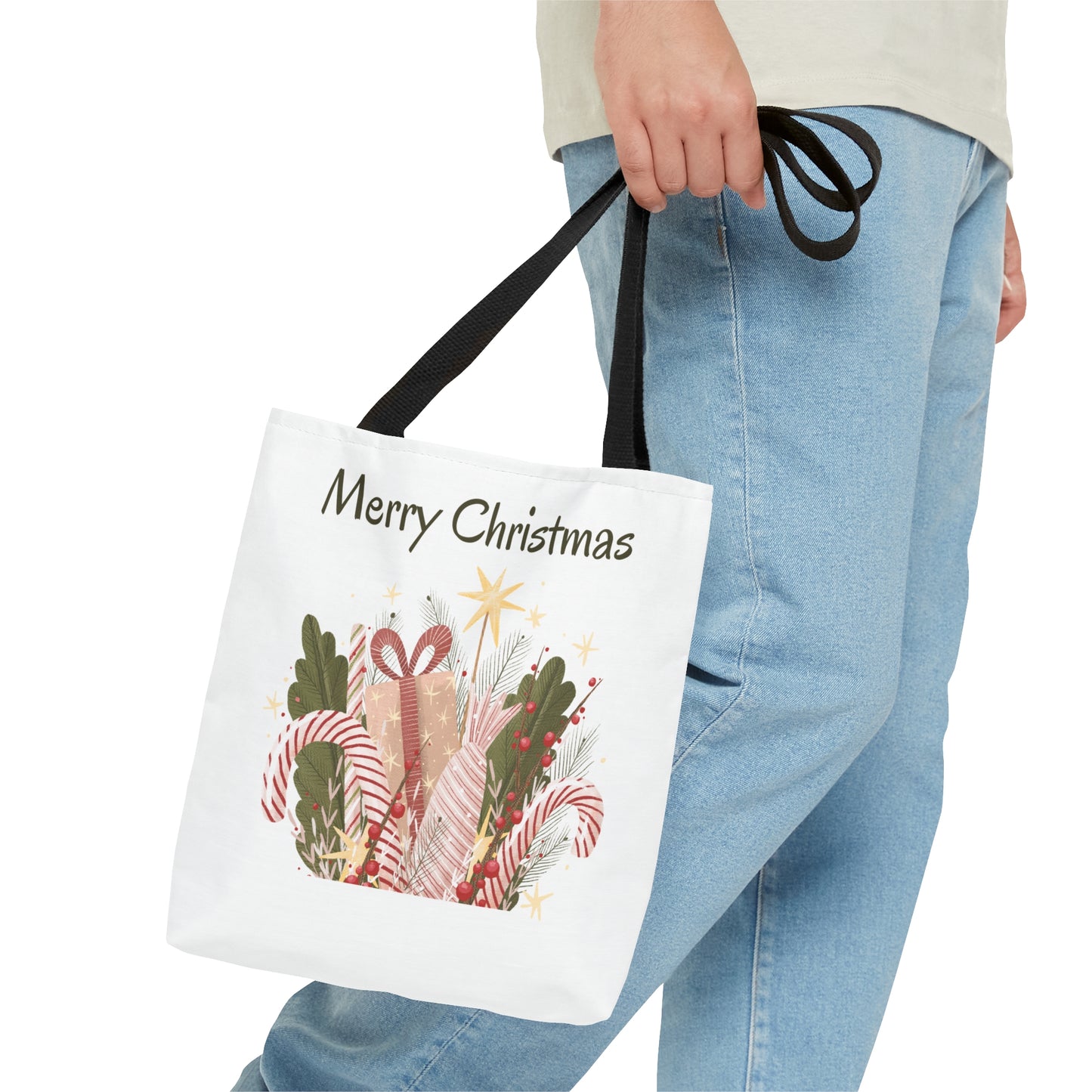 Christmas Tote Bag with “Merry Christmas” Gift Design – Durable All-Over Print Holiday Carryall in 3 Sizes