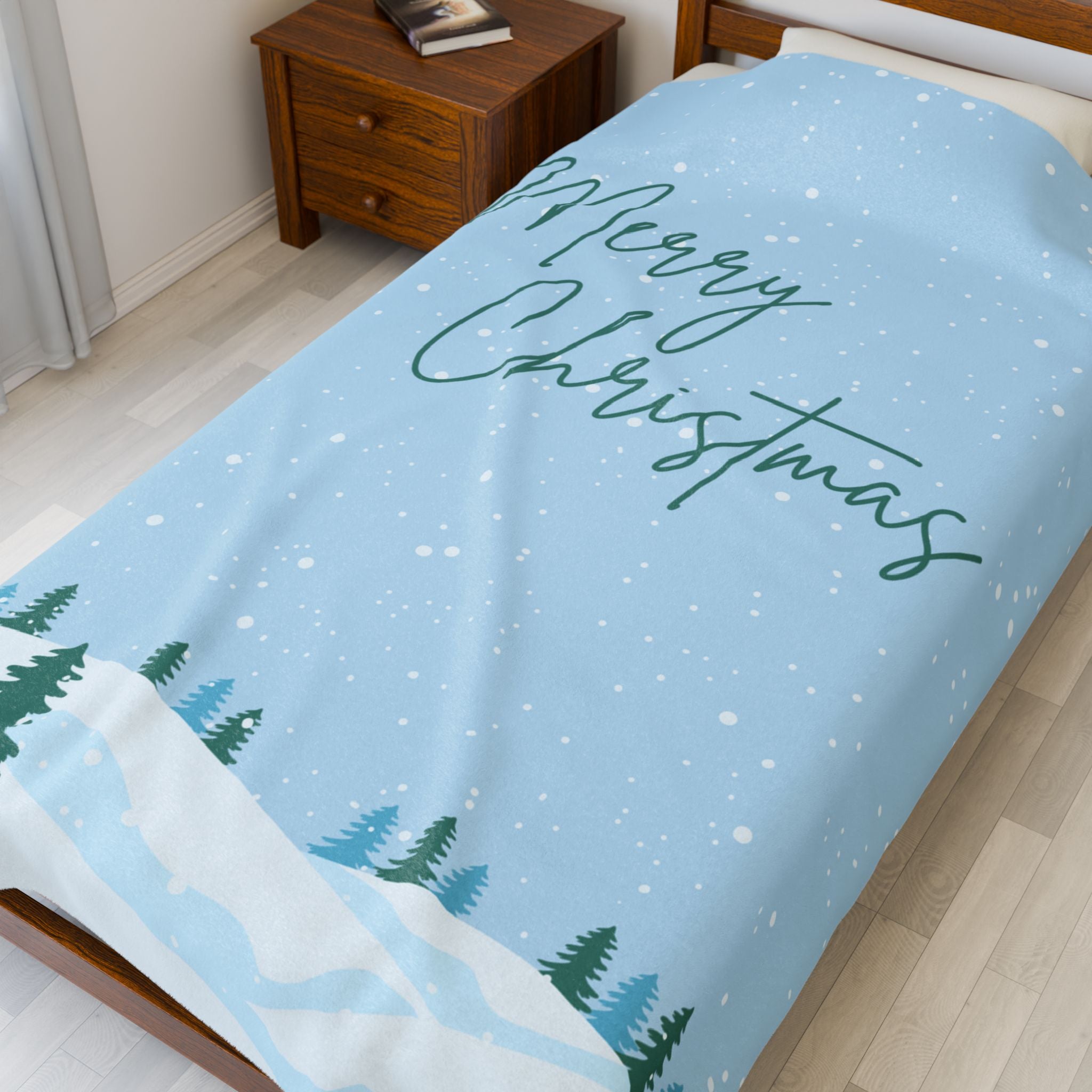Merry Christmas Printed Velveteen Plush Blanket, Sky Blue