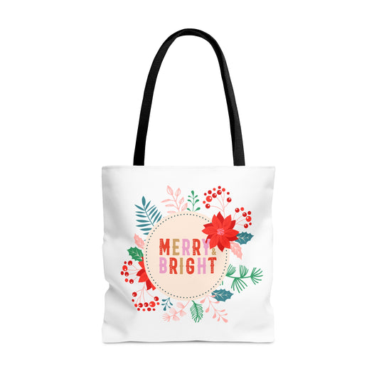 Tote Bag – MERRY & BRIGHT Floral Design – Gift for Christmas, Holiday Shopping, Winter Outings