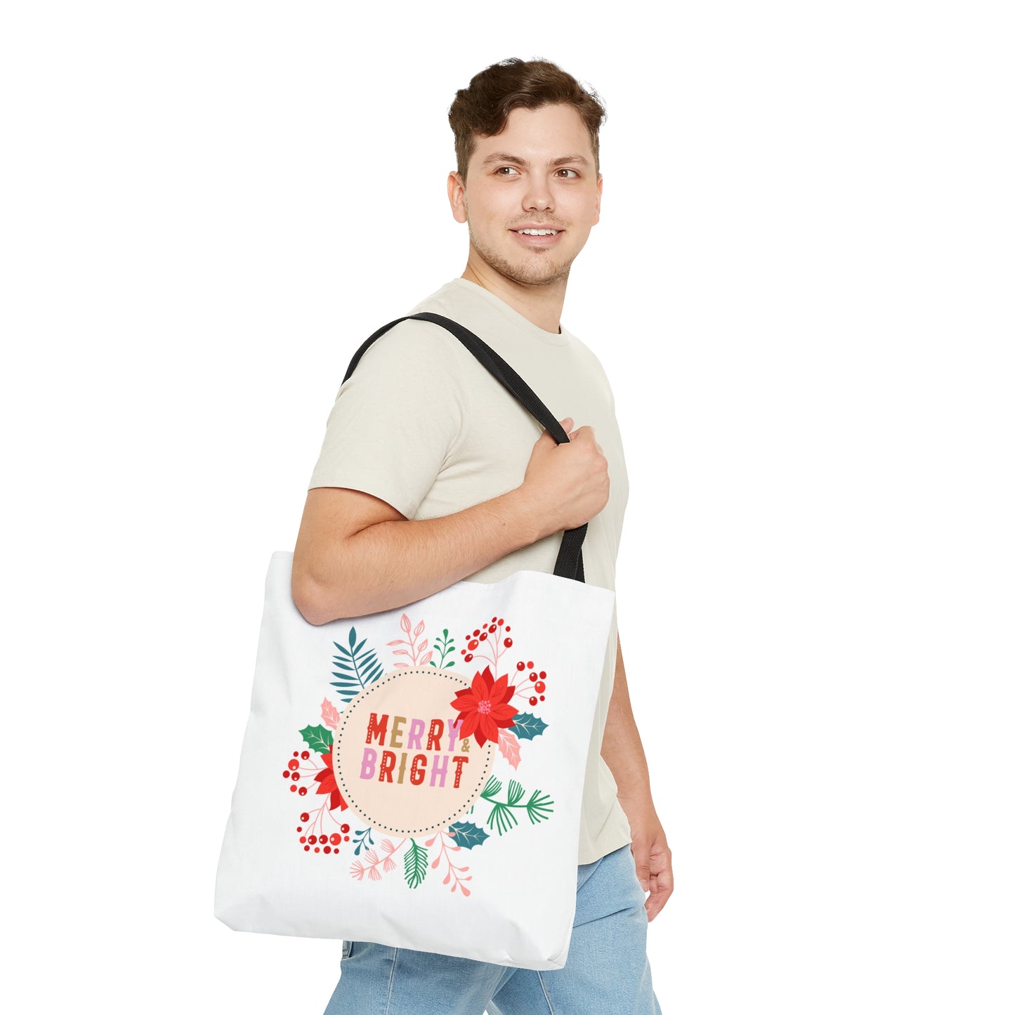 Tote Bag – MERRY & BRIGHT Floral Design – Gift for Christmas, Holiday Shopping, Winter Outings
