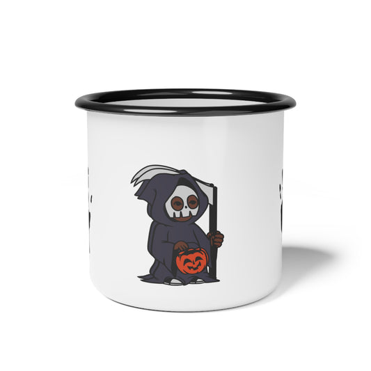 Friendly Grim Reaper Enamel Camp Cup – Whimsical Halloween Design