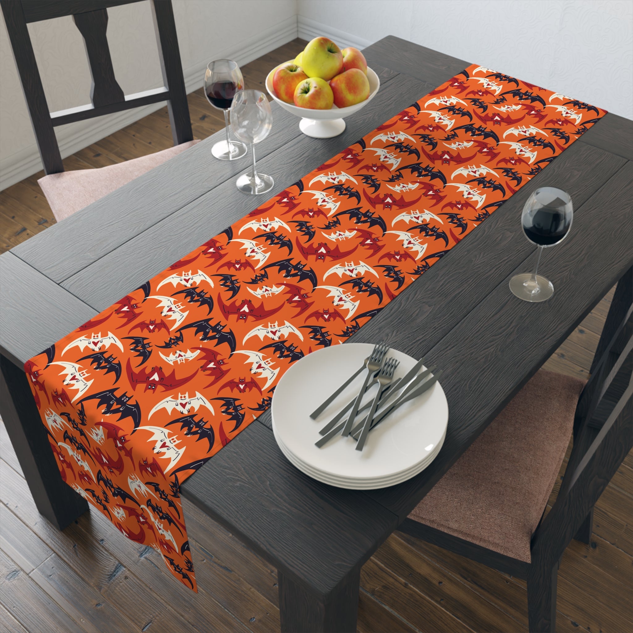 Halloween Table Runner – Orange Bat Parade – Halloween Table Accent for Festive Fall Gatherings