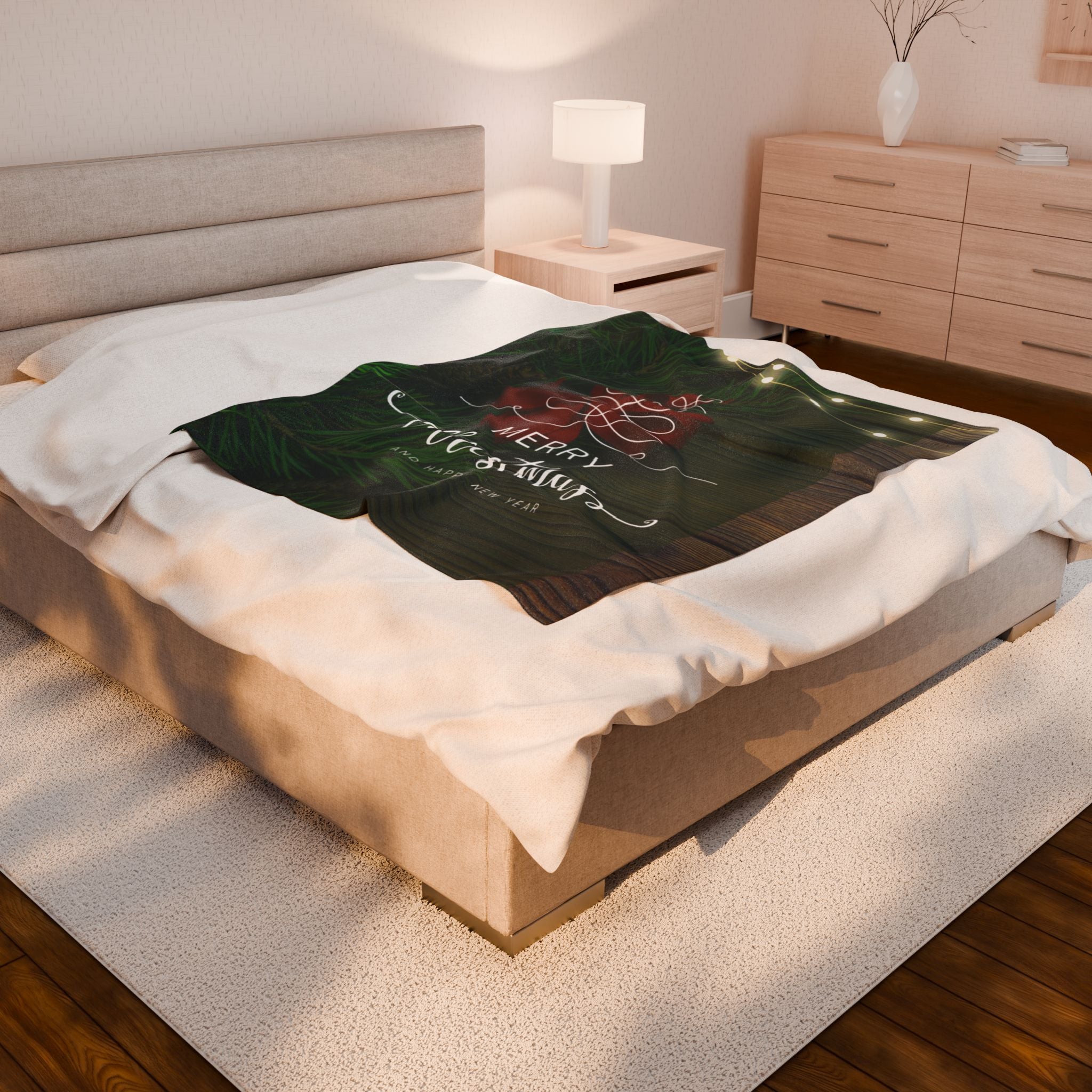 Merry Christmas with Tree Printed Velveteen Plush Blanket
