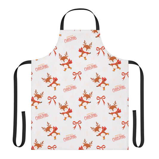 Festive Christmas Apron with Cartoon Reindeer, Red Bows, and Merry Christmas Text