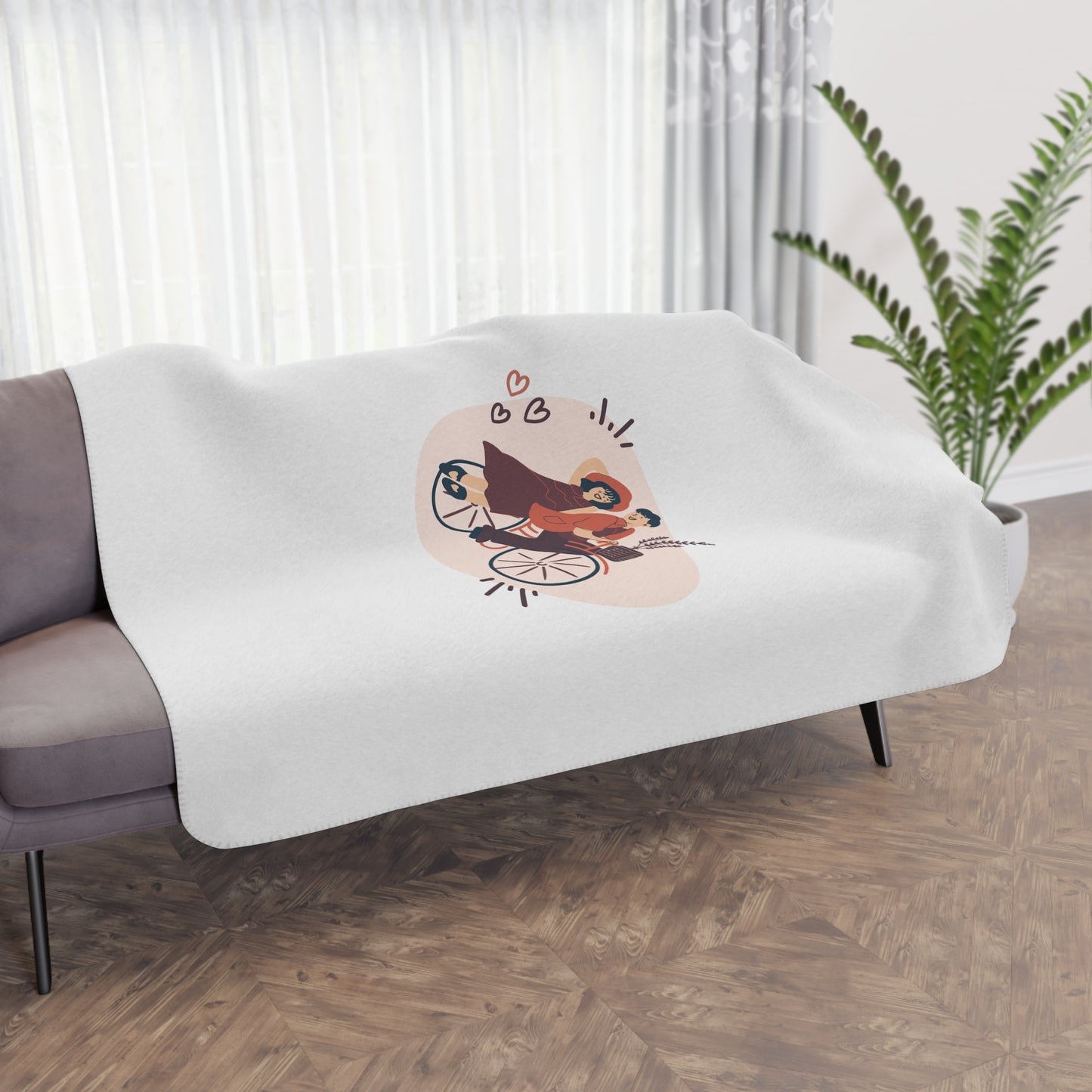 Couple on Cycle Printed Tan Sherpa Blanket for Valentine Day