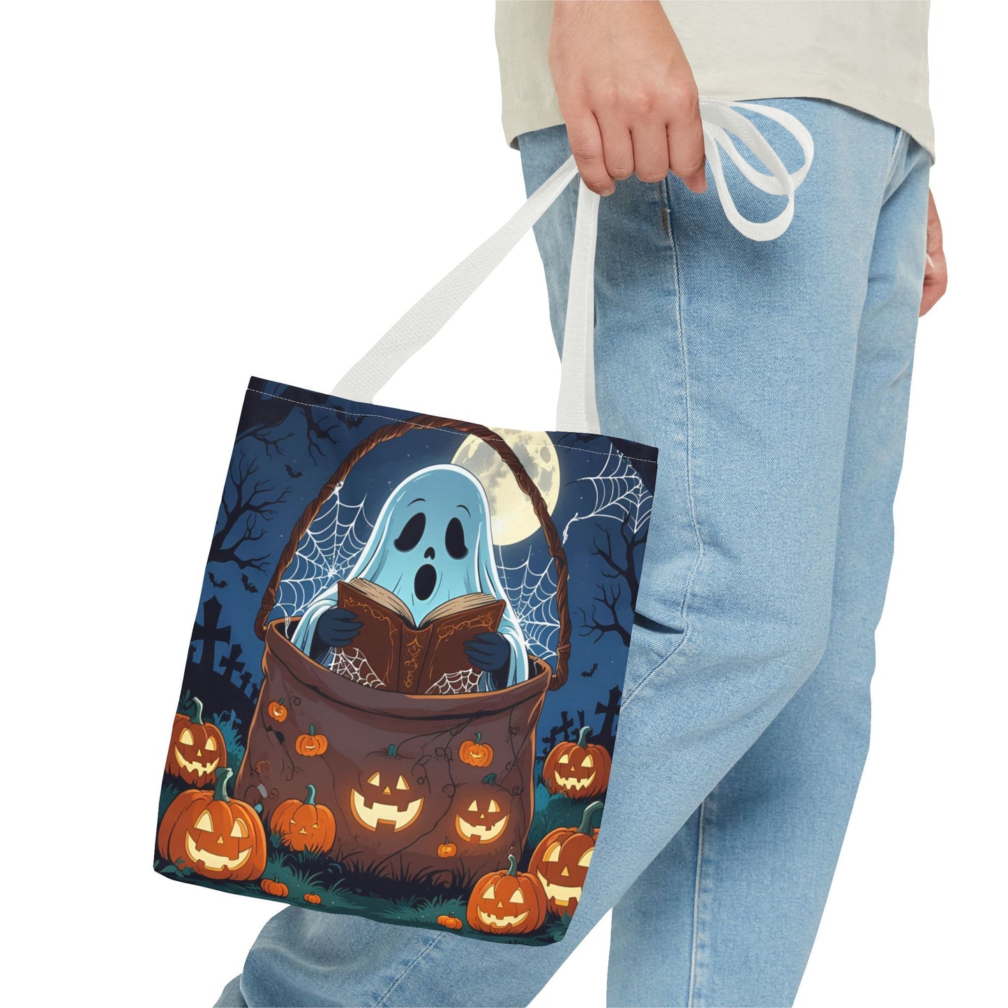 Halloween Tote Bag - Ghost Reading Book Design