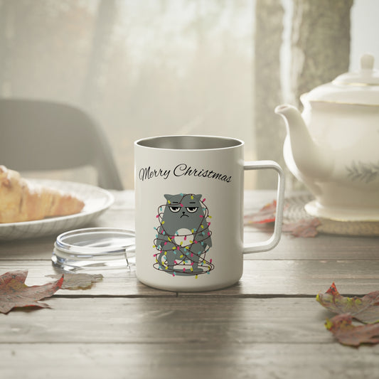 10oz Insulated Travel Mug – Grumpy Cat Christmas Lights Design – Gift for Holiday Travelers & Coffee Lovers