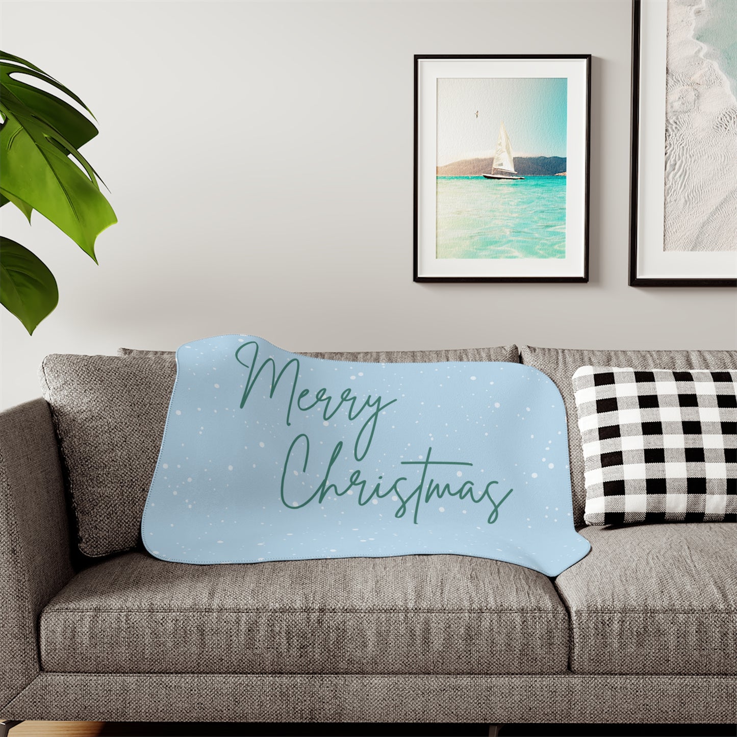 Merry Christmas Printed Sherpa Blanket, Sky Blue