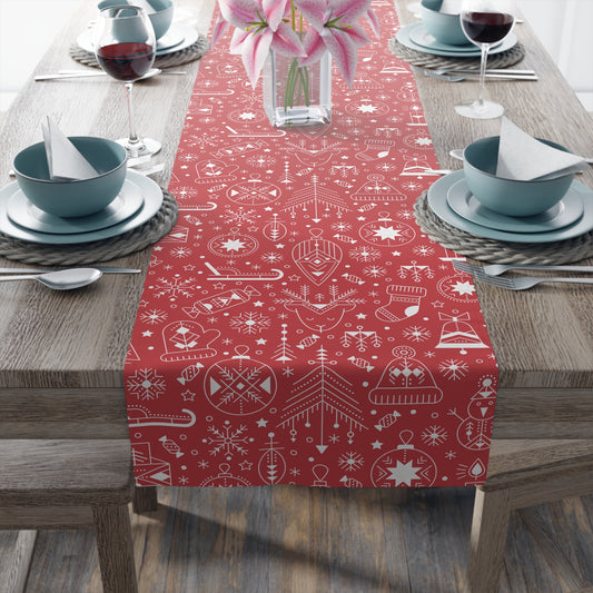Christmas Table Runner, Red Background with White Ornaments Snowflakes Hearts and Sleighs, Festive Holiday Dining Decor