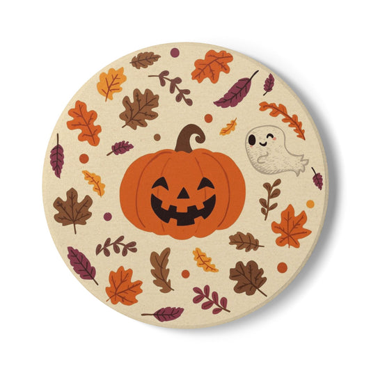 Cheerful Halloween Ceramic Coaster with Pumpkin and Autumn Leaves