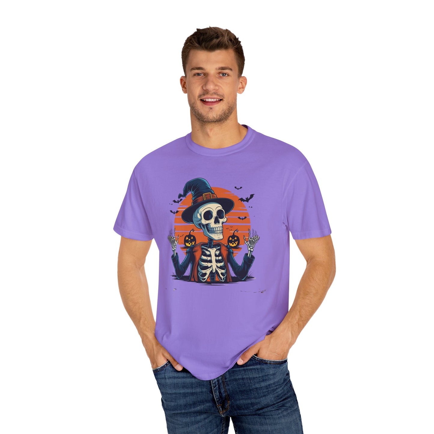 Skeleton Witch Halloween T-shirt for Adults & Teens, Funny Spooky Sunset Graphic Tee, Unisex Garment-Dyed Top, Pumpkin Hat Shirt, Halloween