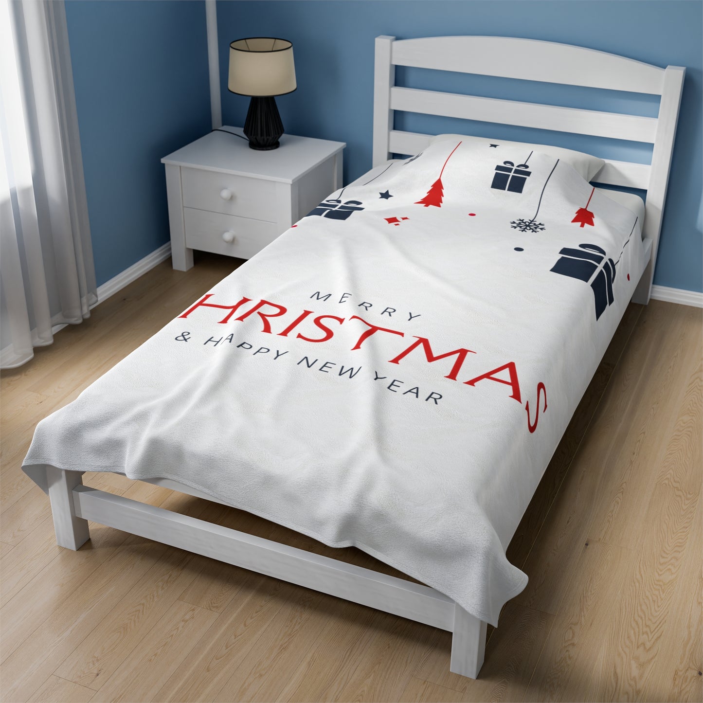 Merry Christmas & Happy New Year Printed Velveteen Plush Blanket, White