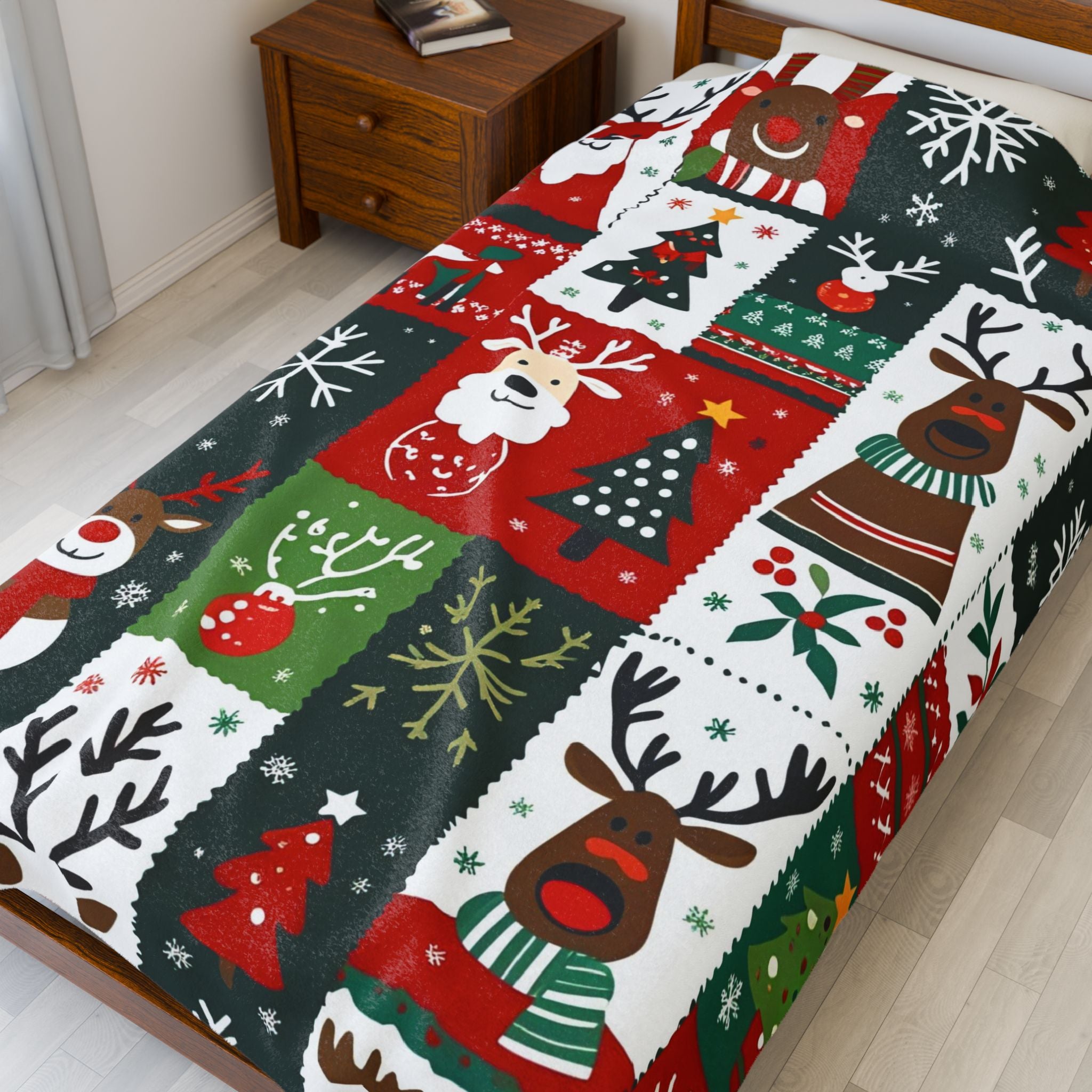 Patchwork Christmas Velveteen Plush Blanket – Reindeer, Trees & Snowflake Holiday Print