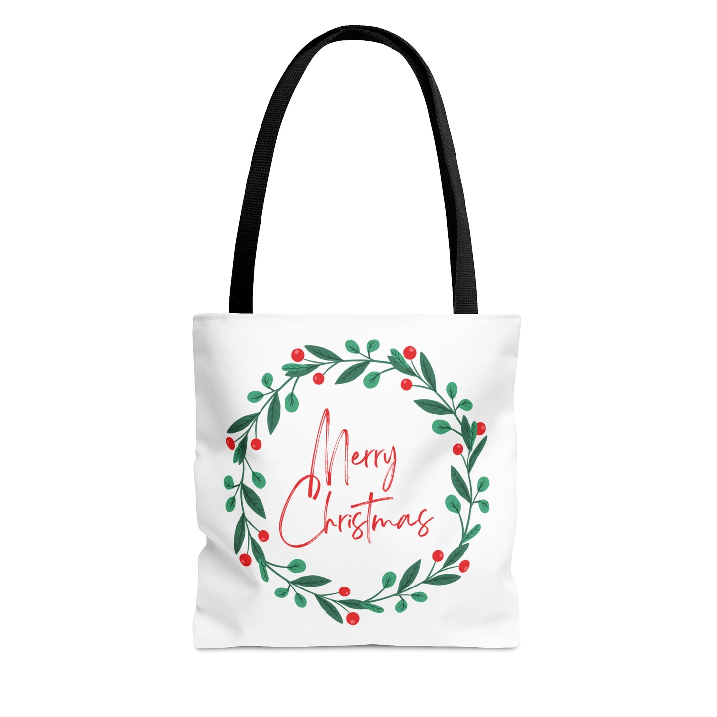 Christmas Tote Bag with “Merry Christmas” Wreath Design – Festive All-Over Print Carryall in 3 Sizes