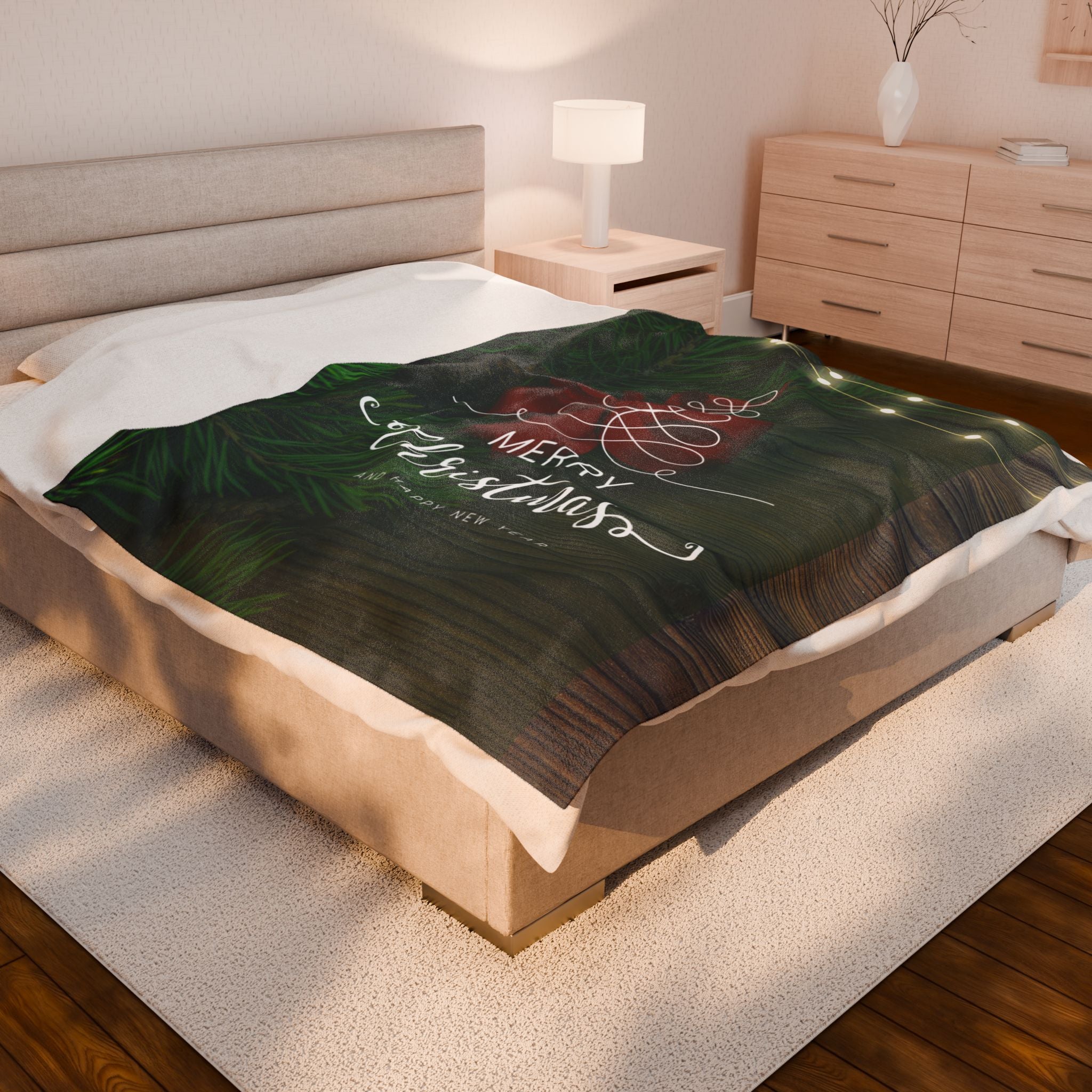 Merry Christmas with Tree Printed Velveteen Plush Blanket
