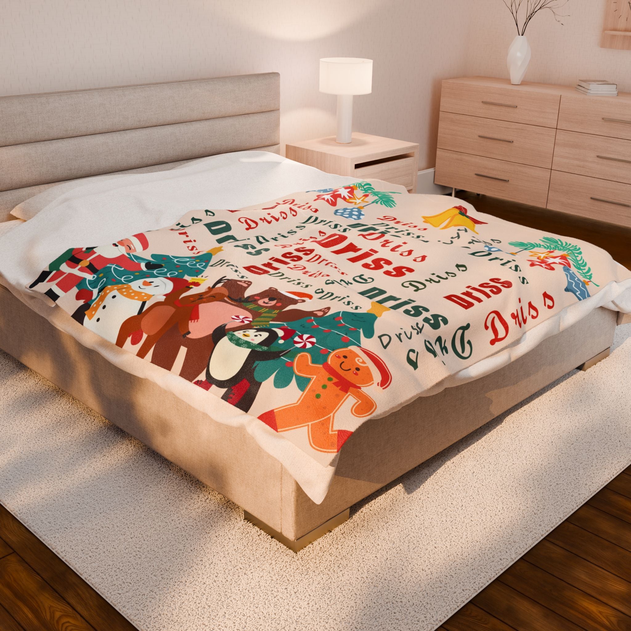 Christmas Character Velveteen Plush Blanket – Santa, Reindeer & Friends with Custom Name