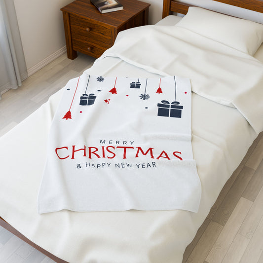 Merry Christmas & Happy New Year Printed Velveteen Plush Blanket, White