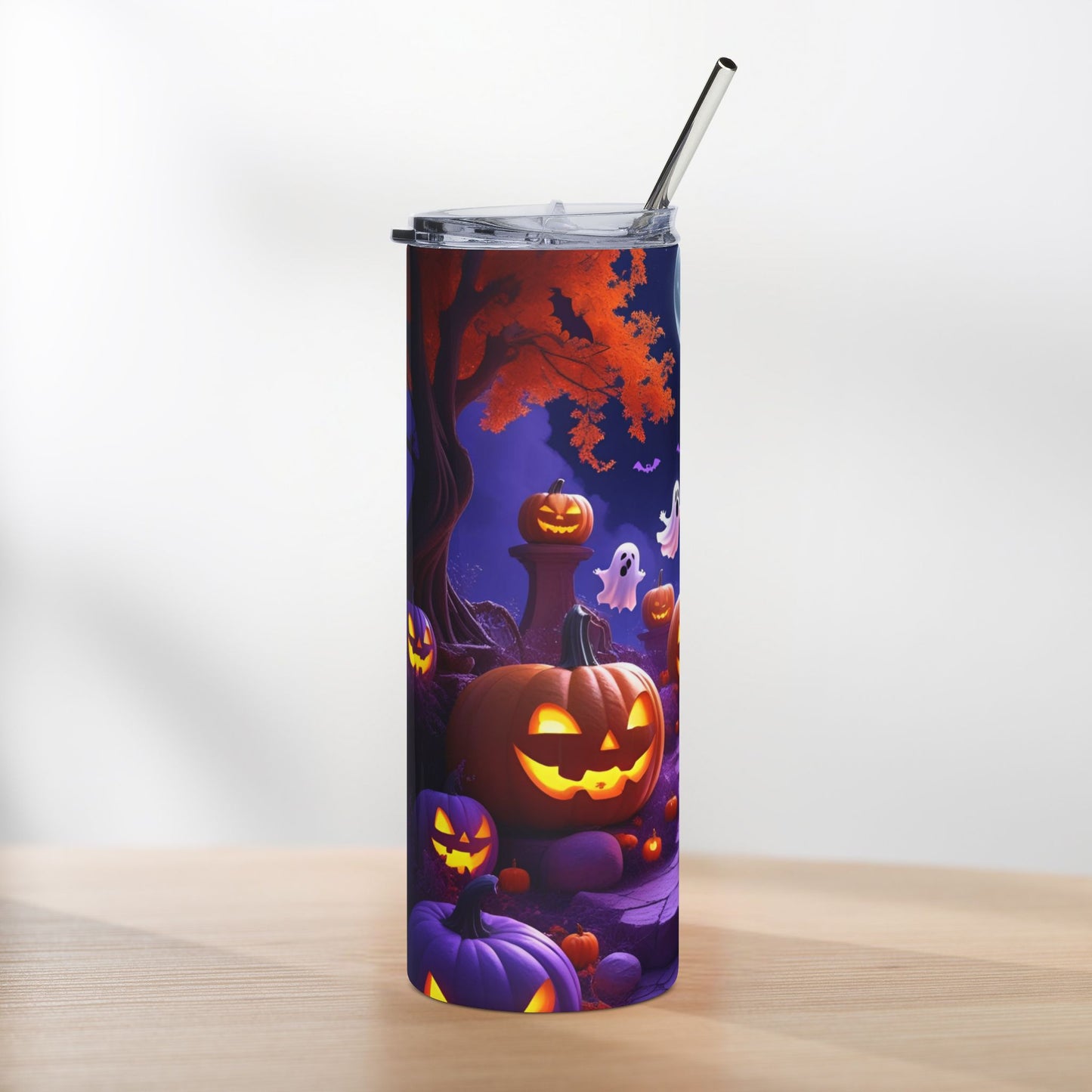 Glowing Pumpkins Halloween Tumbler – Ghosts, Bats & Moonlit Night