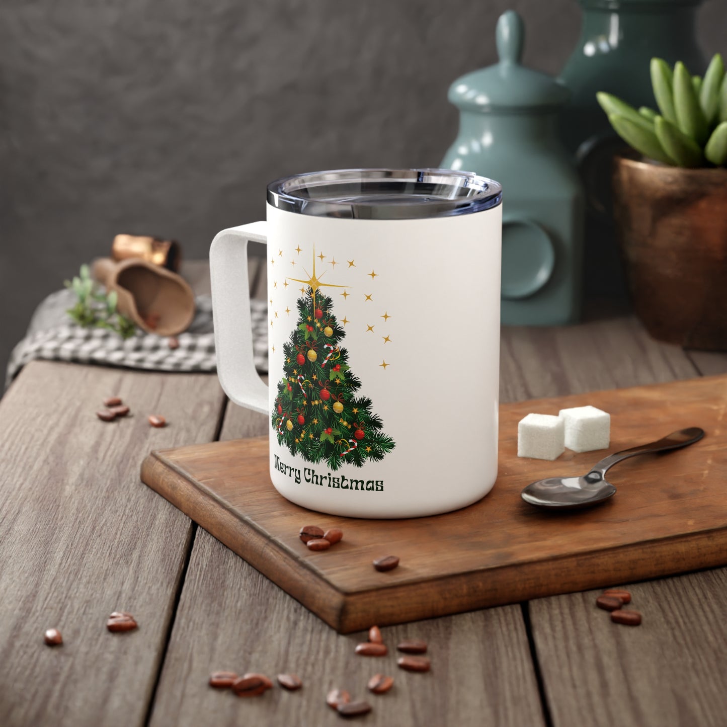 10oz Christmas Travel Mug, “Merry Christmas” Tree Design, Stainless Steel Insulated Cup