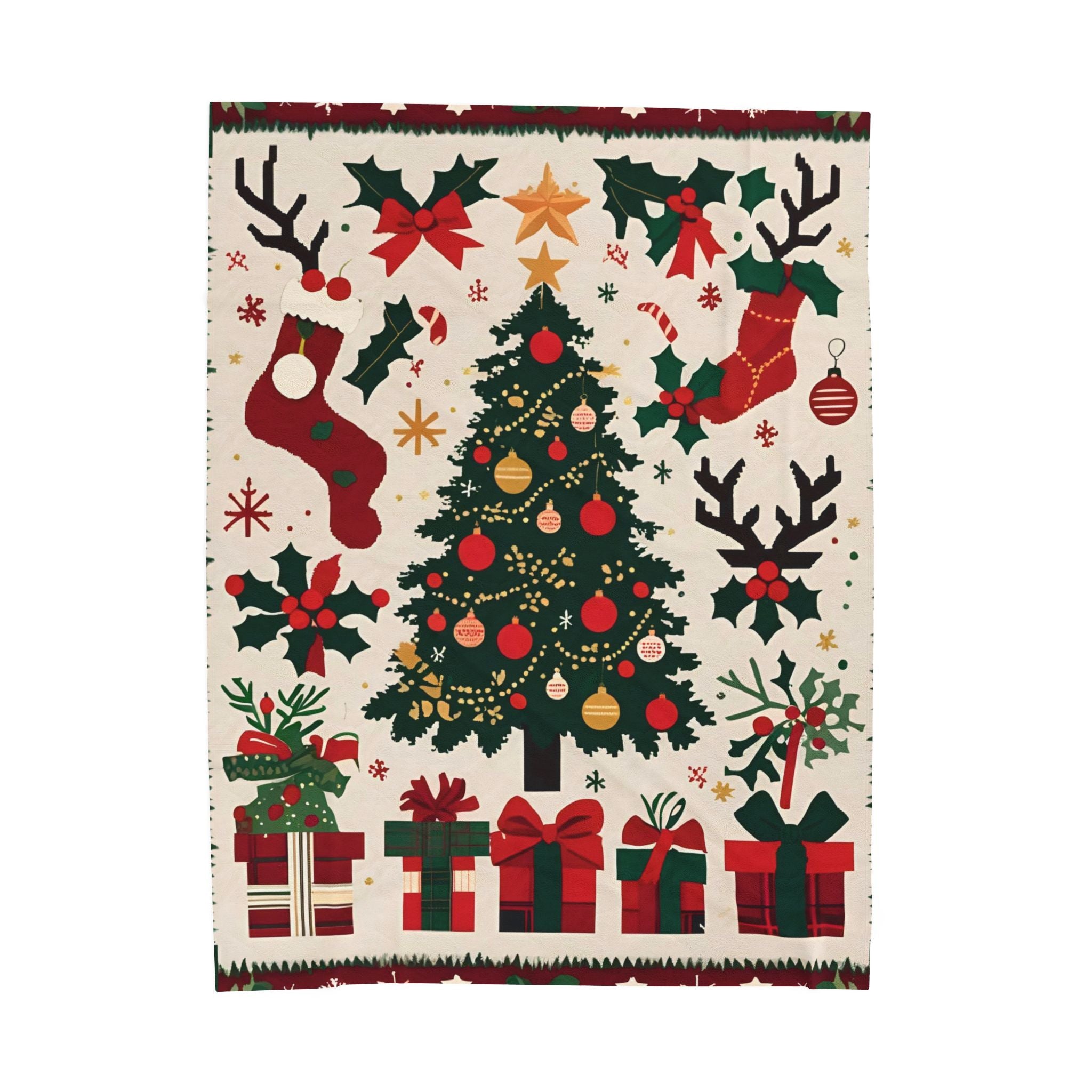Christmas Tree Velveteen Plush Blanket – Holiday Stockings, Gifts & Holly Print Throw