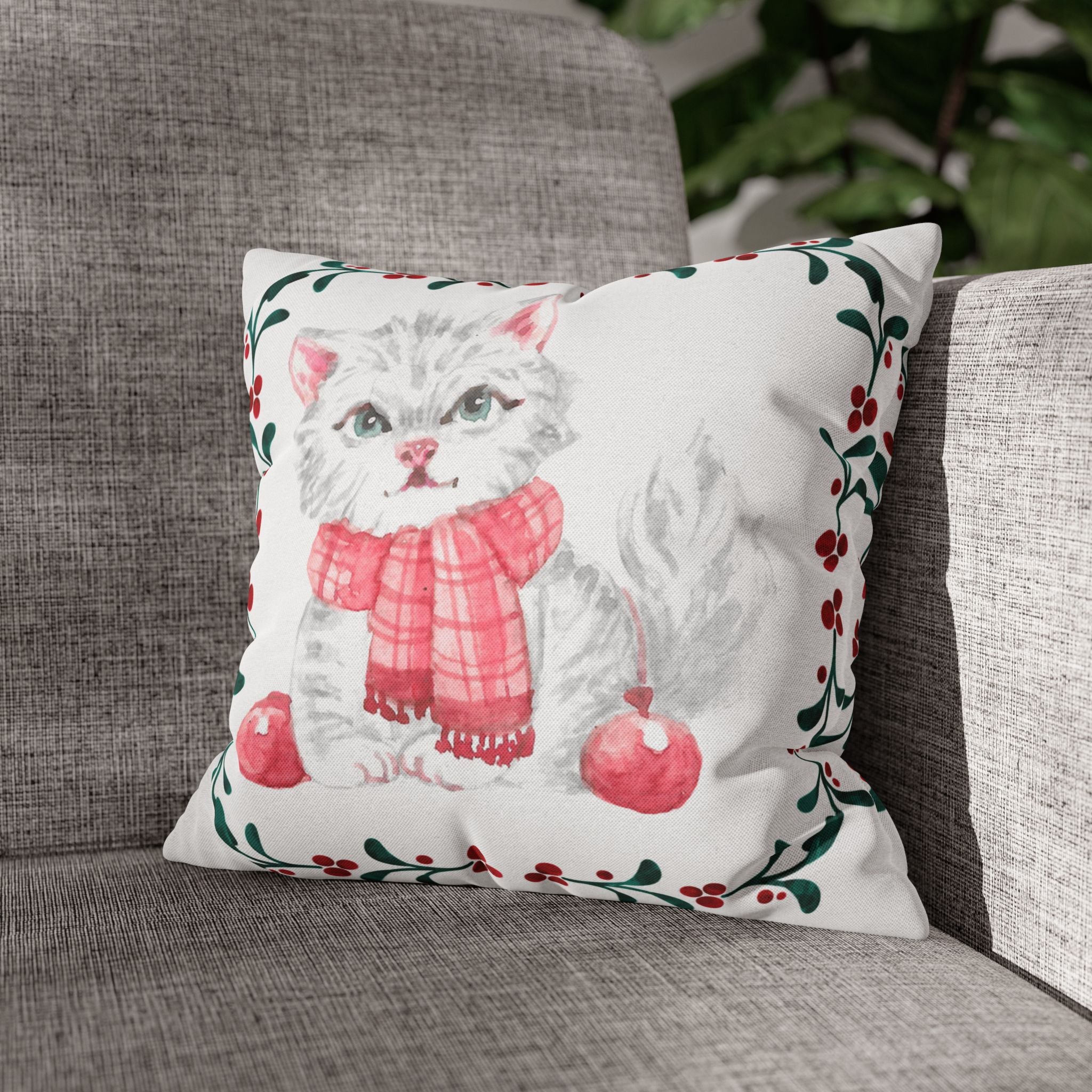Christmas Cat Pillow Cover – Double-Sided Red Truck & Festive White Cat Design