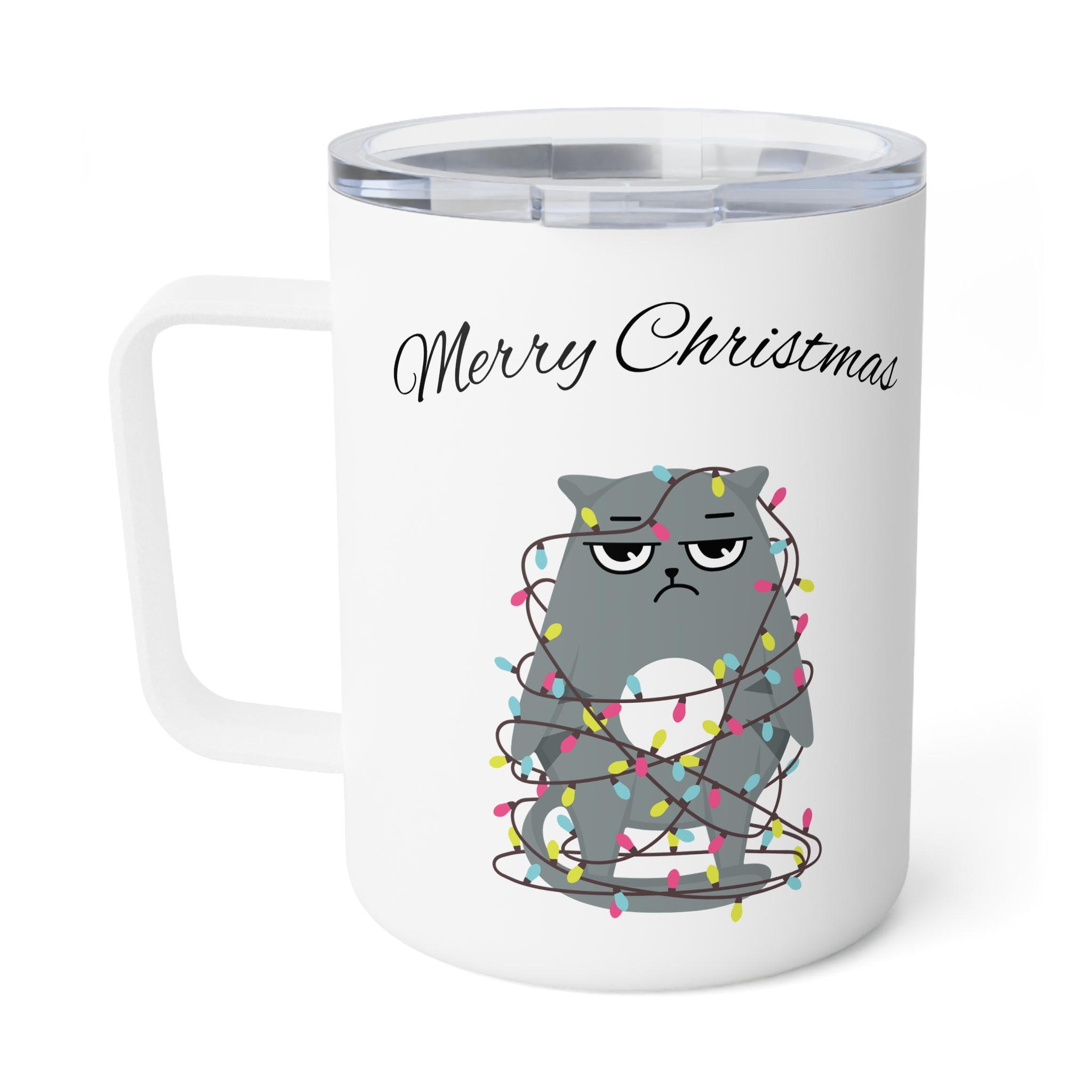 10oz Insulated Travel Mug – Grumpy Cat Christmas Lights Design – Gift for Holiday Travelers & Coffee Lovers