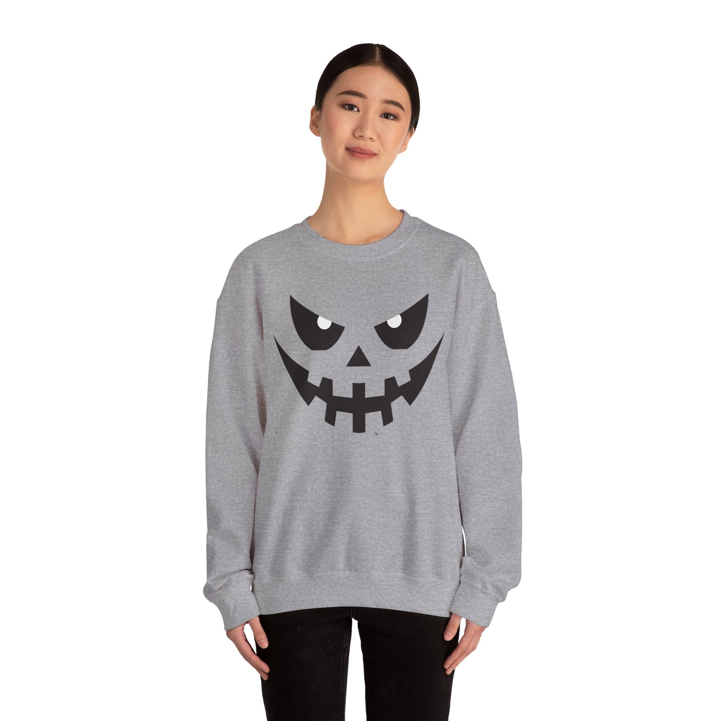 Creepy Pumpkin Face Halloween Sweatshirt – Beige Graphic Pullover for Spooky Season