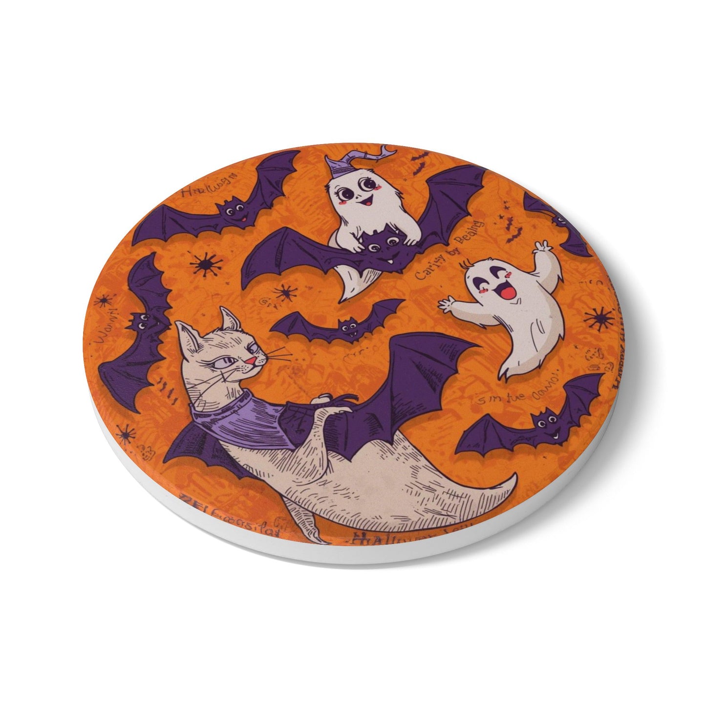 Halloween Ceramic Coaster with Cat, Ghosts, Bats, and Fun Cartoon Design