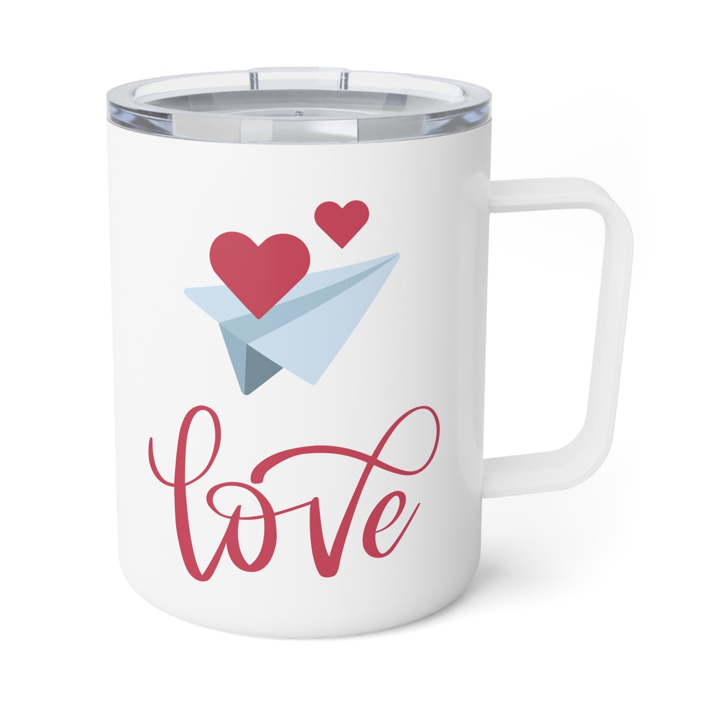 10oz Insulated Travel Mug – Paper Airplane & Red Hearts “Love” Design, Stainless Steel, Glossy White Finish