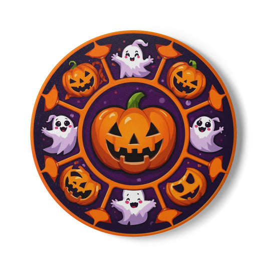 Smiling Halloween Ceramic Coaster with Pumpkin and Ghost Design