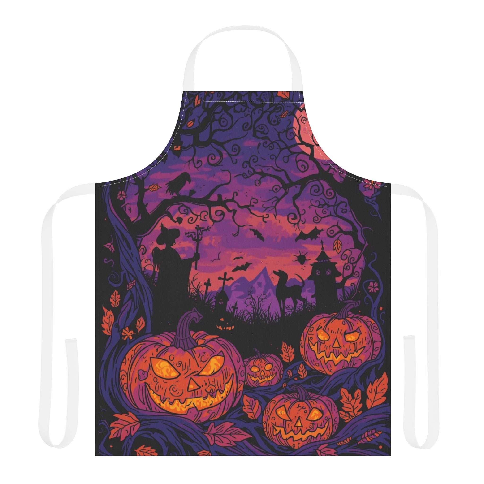Halloween Apron with Witch, Pumpkin, and Haunted House Design