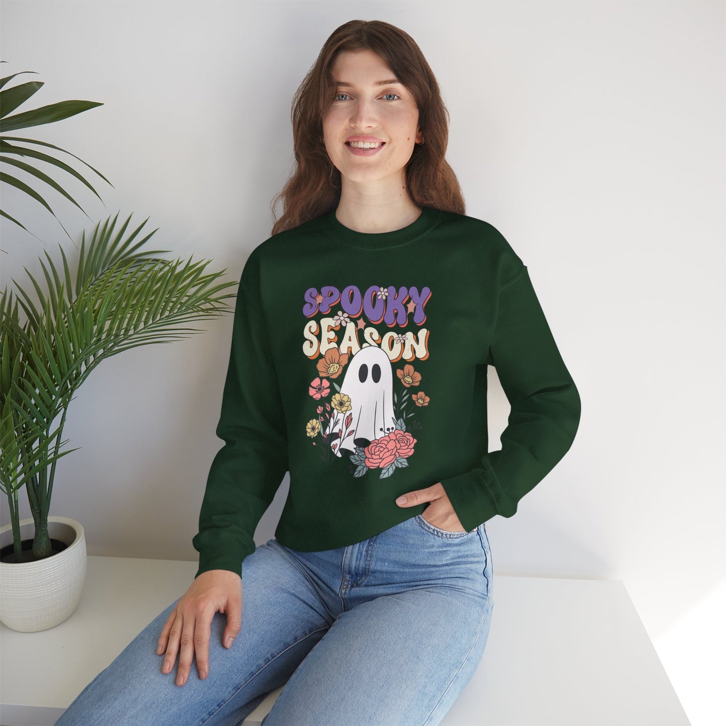 Spooky Season Floral Ghost Sweatshirt – Cozy Halloween Blooms