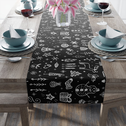 Christmas Table Runner – Black & White Christmas Icons – Holiday Dining Decor & Winter Gift