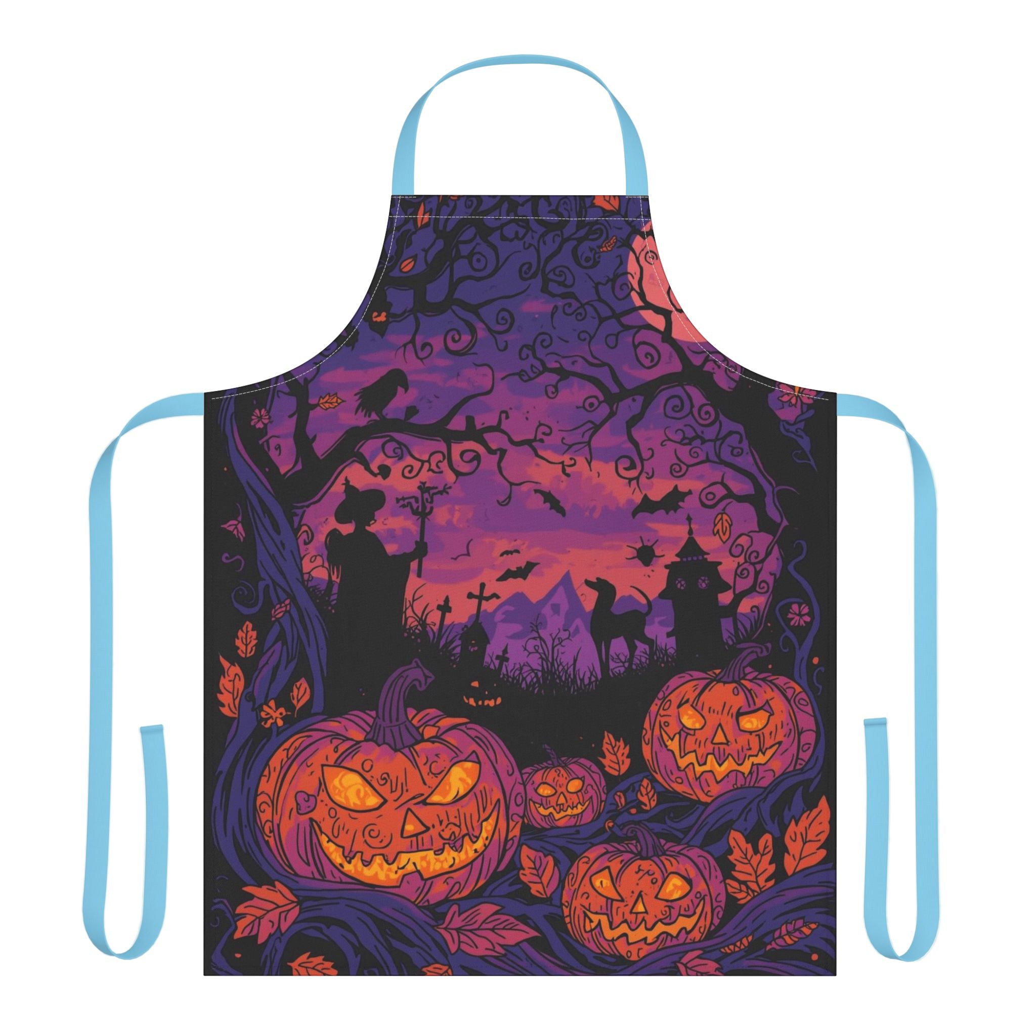 Halloween Apron with Witch, Pumpkin, and Haunted House Design