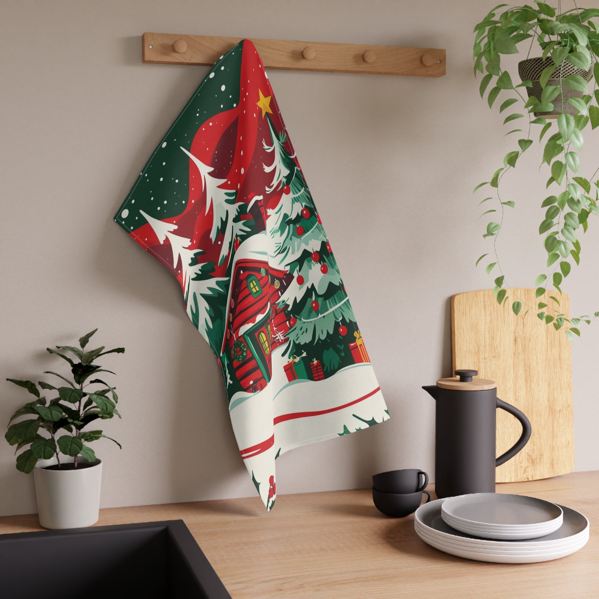 Cozy Christmas Tea Towel with Snowy Cabin and Holiday Decor