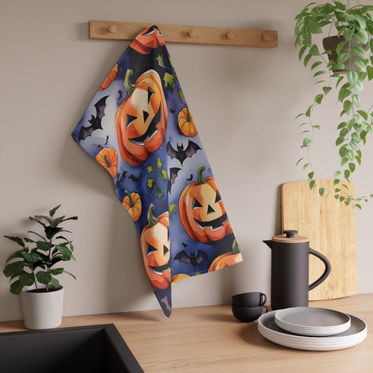 Whimsical Jack-O’-Lantern Halloween Tea Towel – Playful Pumpkin and Bats Design
