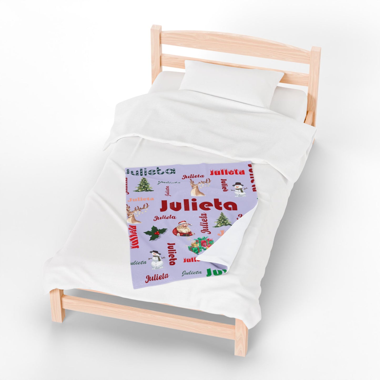 Custom Name Christmas Blanket, Santa, Snowman & Reindeer Velveteen Holiday Throw