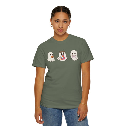 Three Cute Ghosts with Pumpkin, Trick or Treat Party Outfit – October Holiday Shirt