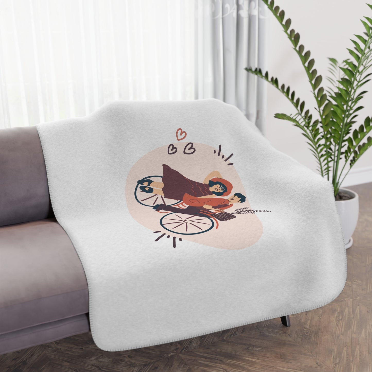 Couple on Cycle Printed Tan Sherpa Blanket for Valentine Day