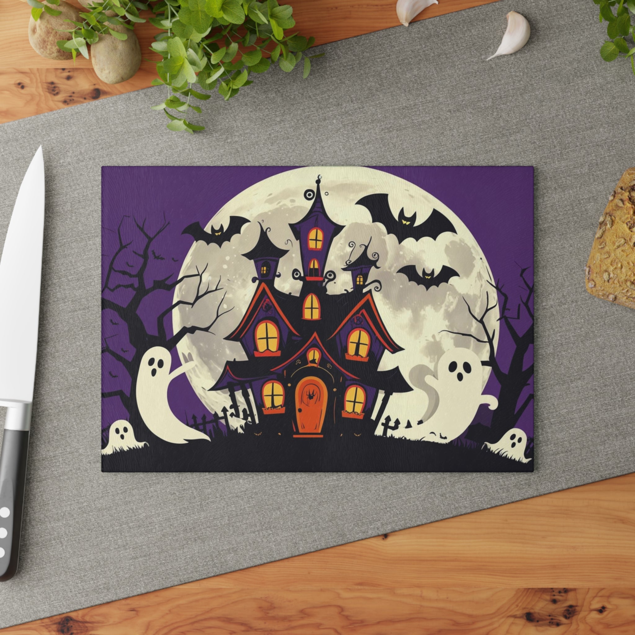 Spooky Halloween Placemat with Haunted House, Ghosts, and Bats