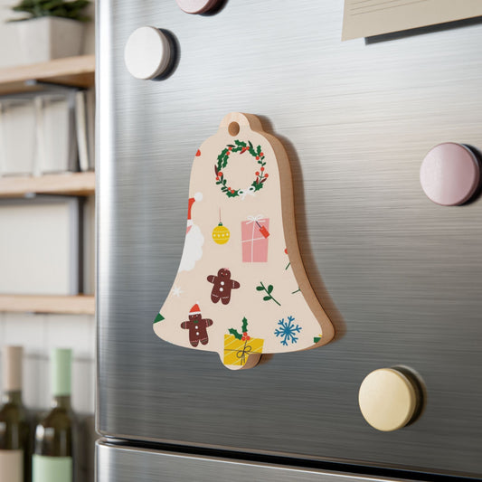Wooden Bell Ornament – Green Christmas Design with Wreaths, Gingerbread & Santa Hat – Rustic Holiday Décor with Magnetic Back