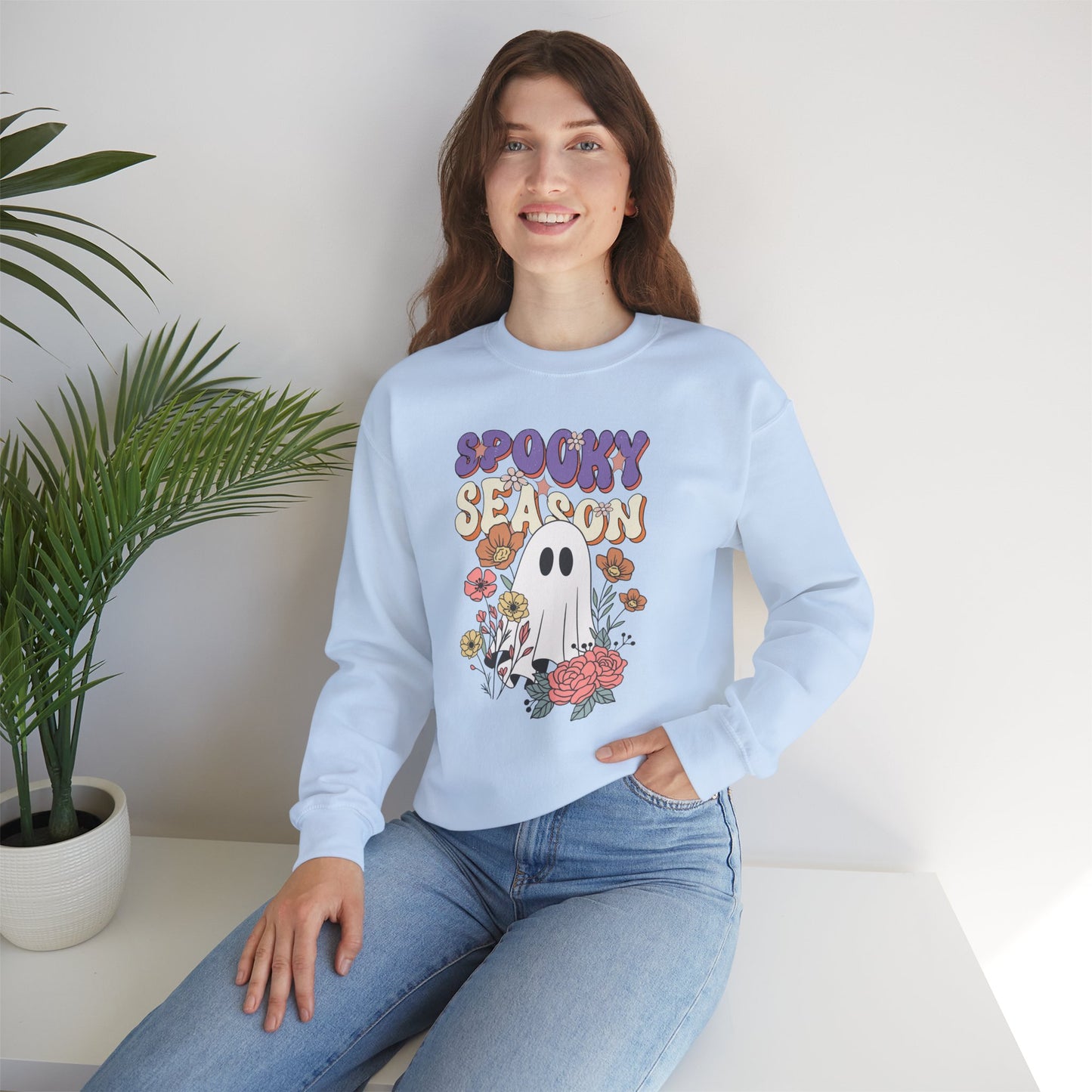 Spooky Season Floral Ghost Sweatshirt – Cozy Halloween Blooms