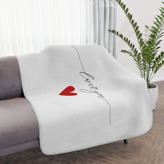 Love You Signatur with Heart Printed Tan Sherpa Blanket for Valentine Day