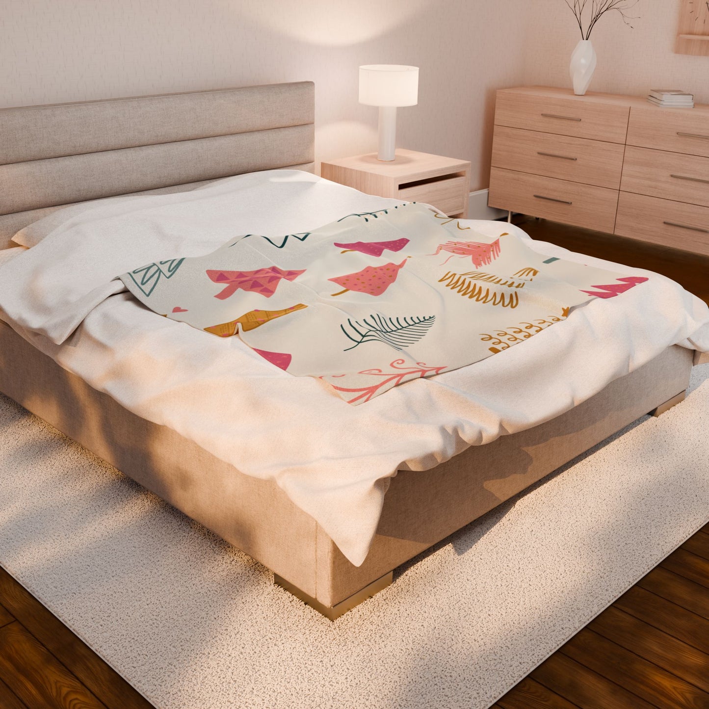 Velveteen Plush Blanket - Christmas Trees Pink Green Gold Holiday Throw