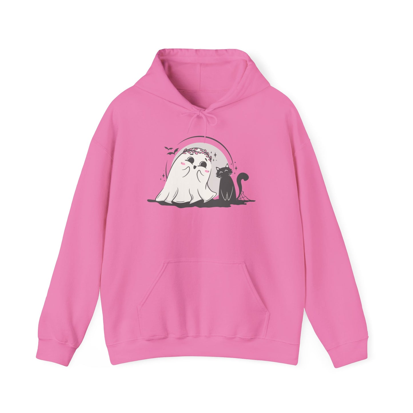 Floral Ghost & Black Cat Hoodie – Cute Halloween Companions