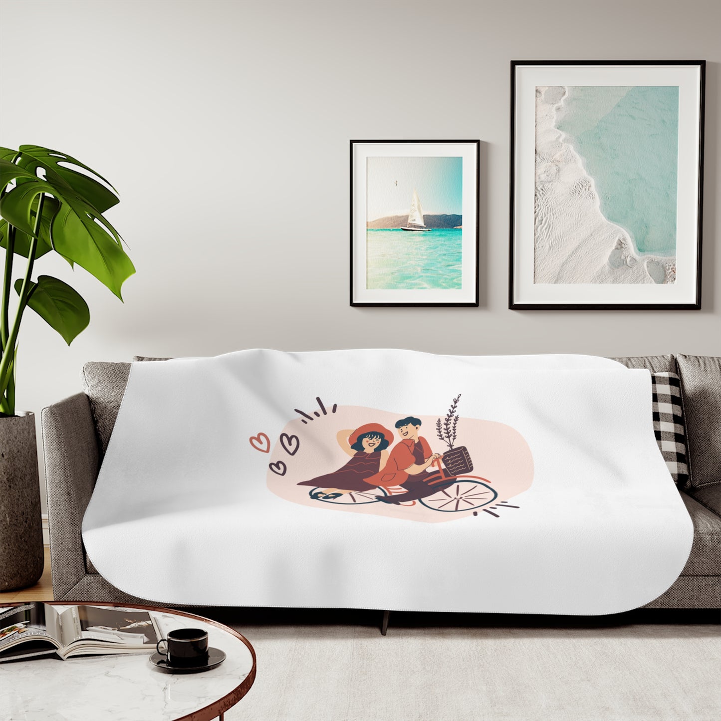 Couple on Cycle Printed Sherpa Blenket for Valentine Day