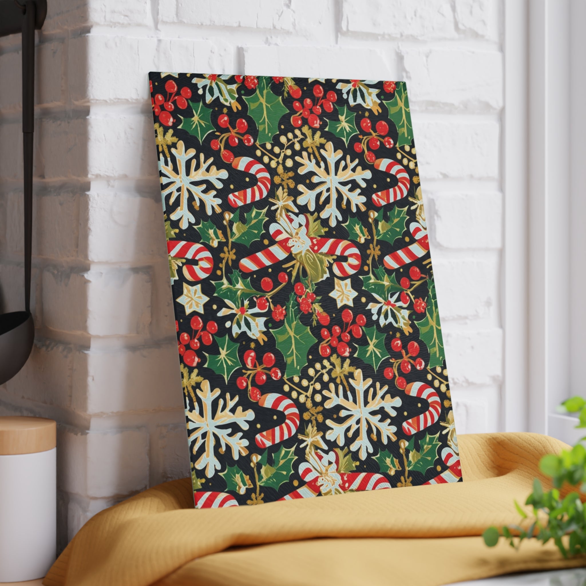 Festive Christmas Cutting Board with Candy Cane and Holly Design