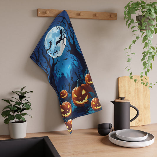 Full Moon Halloween Tea Towel – Spooky Graveyard with Jack-O’-Lanterns